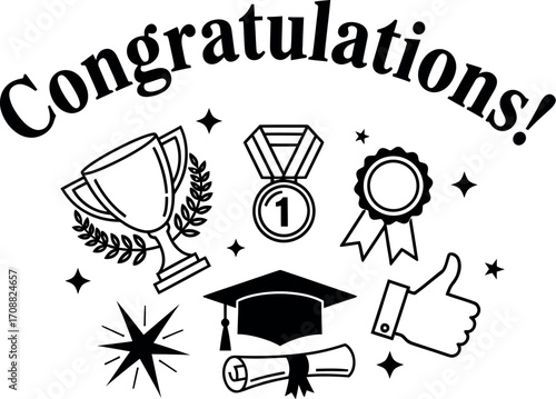 Celebratory graphic with achievement icons and the word 'Congratulations!'