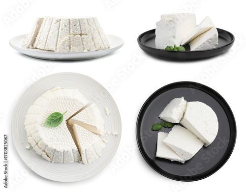 Tableau sur toile Delicious ricotta cheese isolated on white, collage