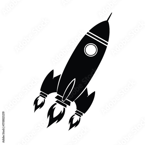 Sleek silhouette rocket ship illustration launching into space with fiery exhaust trails silhouette