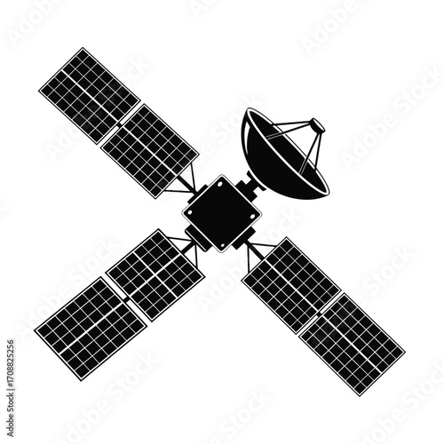 Stylized silhouette of a satellite with solar panels and satellite dish in outer space silhouette