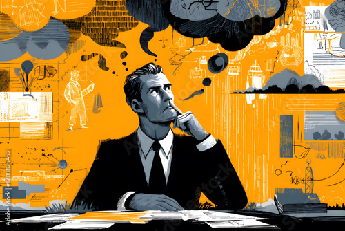 Man in suit thinking with pen in mouth at desk.
