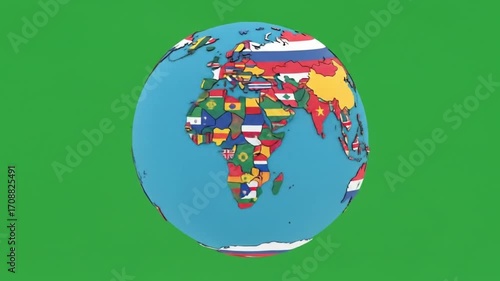 Dynamic animated globe with country flags spins against a vibrant green backdrop for global concept