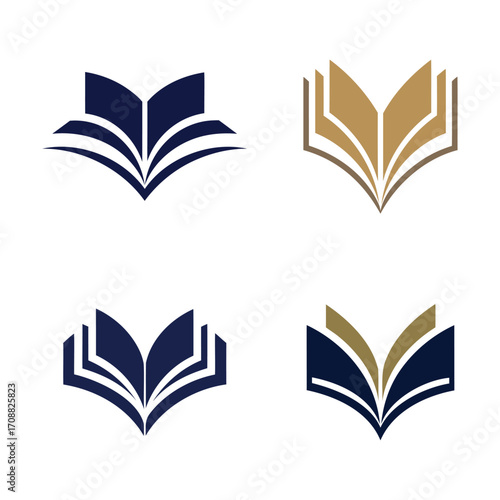 Four stylized open book logos in navy blue and gold