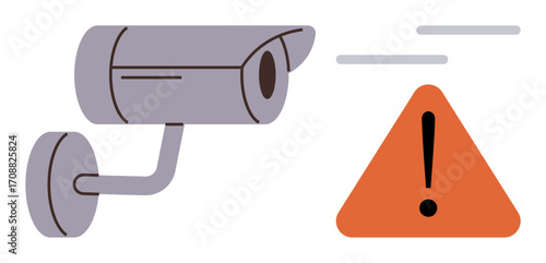 Security surveillance camera monitoring with an orange warning exclamation mark indicating danger or caution. Ideal for safety, security, monitoring, alerts, caution, protection, preventive measures