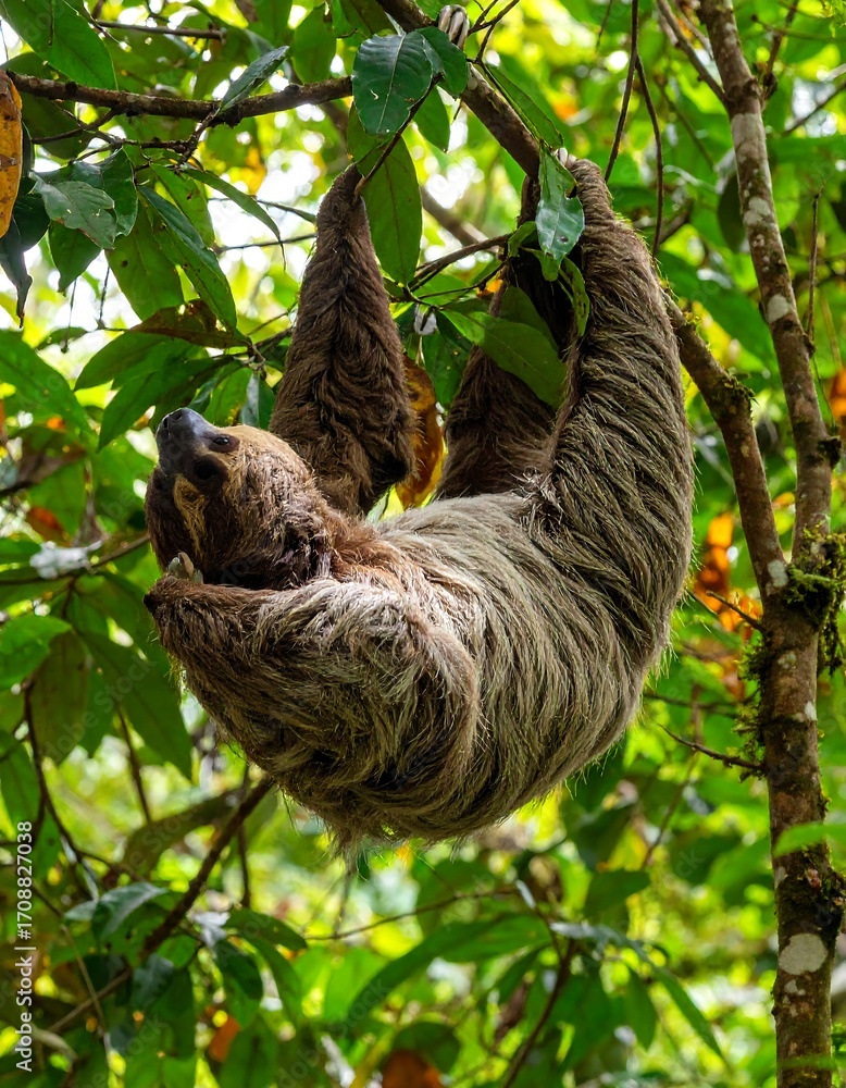 Fototapeta premium Sloth hanging upside down in lush rainforest canopy