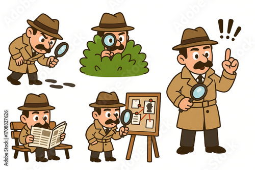 Cartoon vector illustration of detective character in various investigative poses
