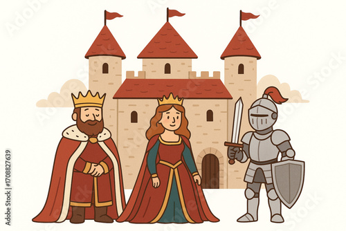 Flat cartoon illustration of medieval castle with king, queen, and knight characters