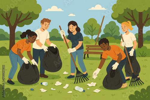 Illustration of volunteers cleaning a park with trash bags and eco-friendly teamwork