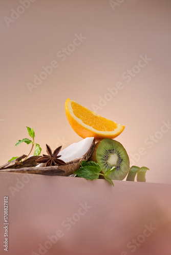 A delightful still life featuring a medley of fresh fruits