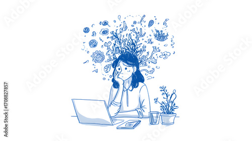 Young woman with thoughtful expression working on laptop surrounded by floral thoughts.
