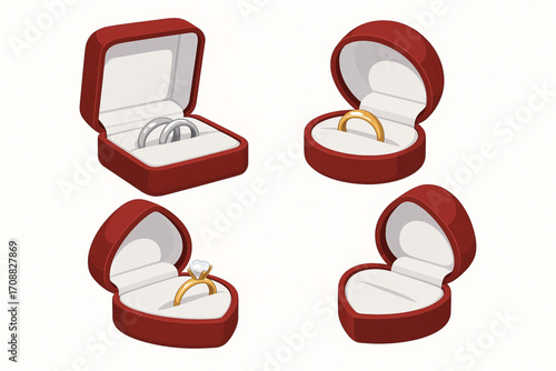 Vector illustration of jewelry ring boxes with engagement and wedding rings
