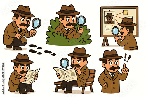 Cartoon vector illustration of detective character in various investigative poses