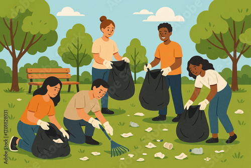 Illustration of volunteers cleaning a park with trash bags and eco-friendly teamwork