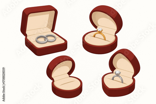 Vector illustration of jewelry ring boxes with engagement and wedding rings