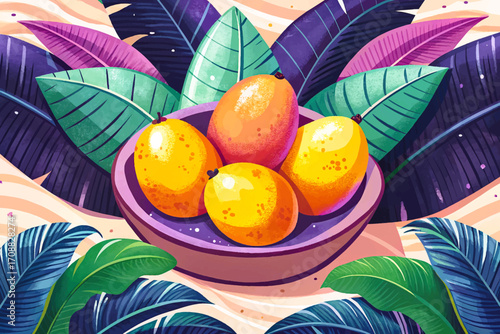Fresh tropical ripe mango beautifully vector placed between green banana leaves, natural exotic fruit presentation, healthy organic cuisine, gourmet island platter, cultural traditional design