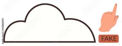 Cloud outline with a hand near a fake button symbolizing misinformation, deception, or distrust in digital content. Ideal for technology, misinformation, fake news, cloud data, cybersecurity