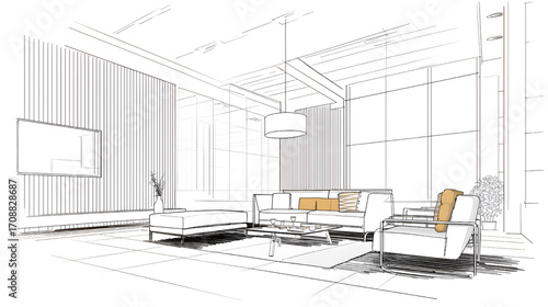 Modern living room interior design sketch.