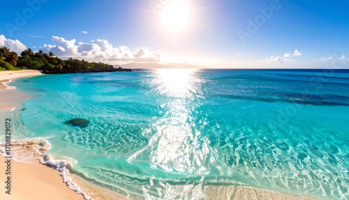 Tropical Beach Paradise: Turquoise Waters, White Sand, and Sunny Sky