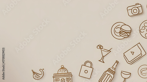 Drawn icons of travel and leisure elements on a beige background.