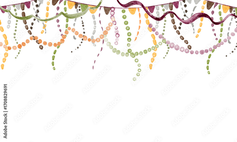 Obraz premium Festive watercolor frame with ropes, tinsel, and carnival elements. Ideal for greeting cards, party backgrounds, and event invitations. Horizontal banner with hanging garlands and ribbons.