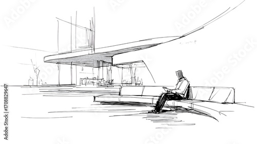 Architectural sketch of a modern urban seating area with a person sitting.