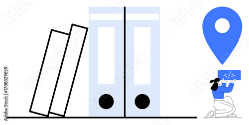 Books leaning on file binders, coder holding a laptop, location icon. Ideal for education, teamwork, organization, digital work, remote location, programming simple landing page