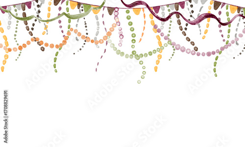 Festive watercolor frame with ropes, tinsel, and carnival elements. Ideal for greeting cards, party backgrounds, and event invitations. Horizontal banner with hanging garlands and ribbons.