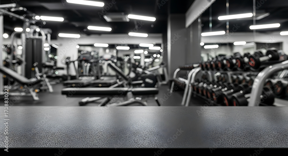 Naklejka premium Close-up of a table with fitness equipment and dumbbell rack blurred in the background in a gym.