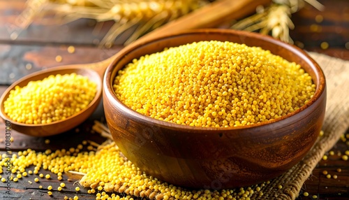 Golden Millet Grains in Wooden Bowl and Spoon