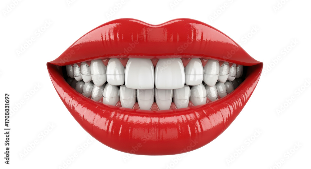 Fototapeta premium Isolated lips in bright red gloss color with teeth showing, healthy smile concept art