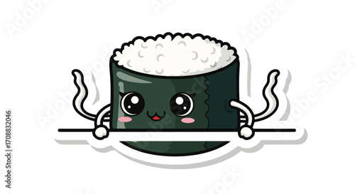 Cute Kawaii Sushi Roll Character Holding a White Line, Vector Illustration