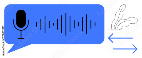 Microphone with soundwaves in speech bubble arrows indicating interaction and response. Ideal for communication, voice technology, AI, innovation, interaction, sound analysis, simplicity. Clean flat