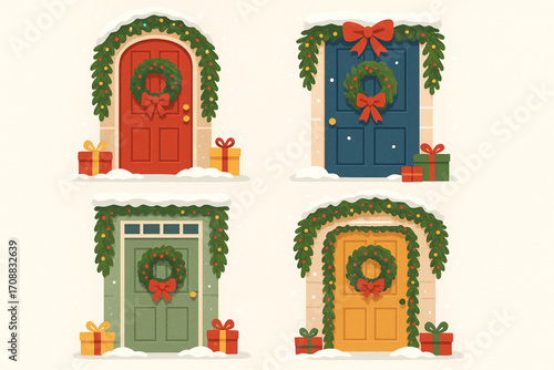 Colorful Christmas front doors illustration with wreaths, garlands, lights, and gifts
