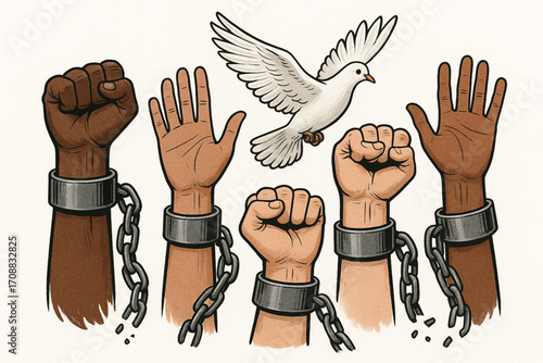 Diverse hands breaking chains with dove symbol of freedom and peace conceptual illustration