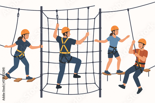 People on ropes course adventure park vector illustration climbing and balancing with safety gear