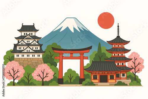 Traditional Japanese architecture with Mount Fuji pagoda, castle, torii gate, and temple illustration
