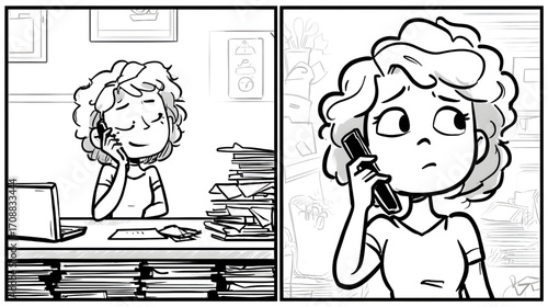 Young woman on phone looking stressed at work with piles of paper.