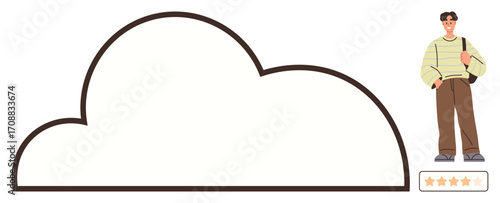 Boy wearing casual attire with a bag standing next to an outlined cloud shape. Features rating stars. Ideal for testimonials, reviews, feedback, customer satisfaction, online ranking, profiles
