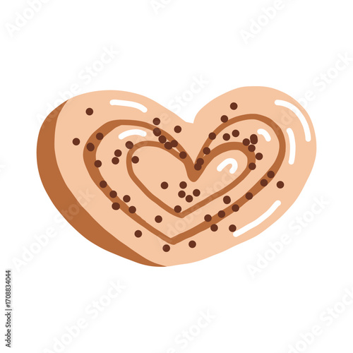 Pretzel, pastry, sweet bun with poppy seed illustration. Vector flat illustration of heart shaped bun. Food clipart. Bakery.