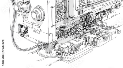 Detailed mechanical drawing of industrial machinery and complex engineering components.