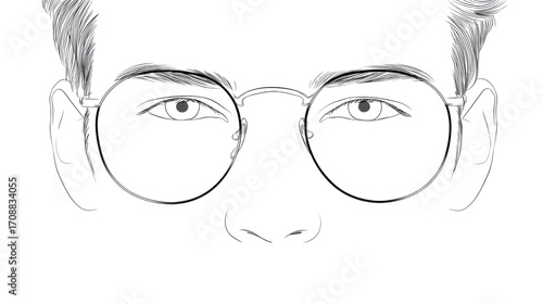 Close-up drawing of a person wearing round glasses focused on facial features.