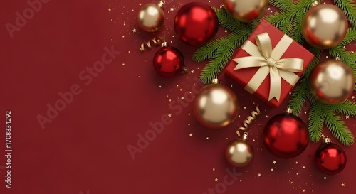 Christmas gift box with ornaments and fir branches on red background