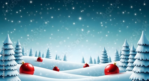 Beautiful snowy christmas vista with evergreen trees and red festive baubles