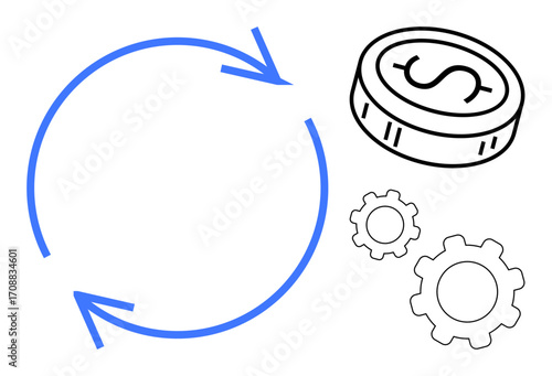 Blue circular arrows, coin with dollar sign, and gear icons showcasing process, money flow, and productivity. Ideal for finance, business, workflow, economy strategy innovation simple landing page