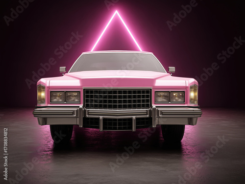 retro pink cadillac with neon triangle light in dark studio