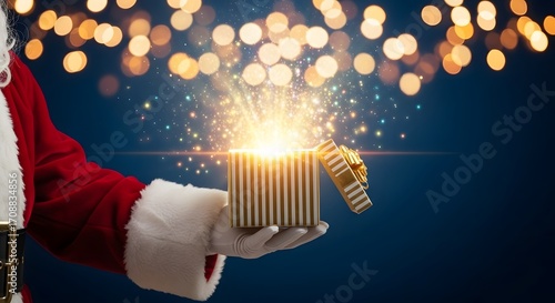Santas hand reveals a magical glowing gift box with bokeh lights in the background