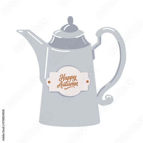 Vintage grey teapot, cozy kettle with Hello Autumn inscription. Rustic aluminum retro kettle. Colored flat vector illustration isolated on white background.