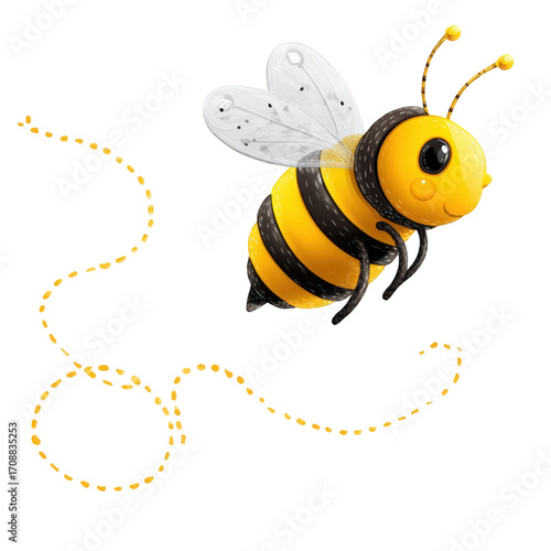 Adorable cartoon honey bee flying with a dotted trail.