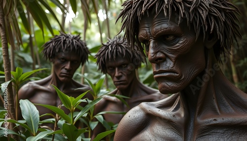 Three primitive men standing among dense foliage in a jungle environment with serious expressions on transparent background