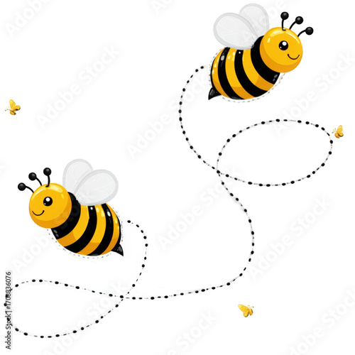 Two cute cartoon bees flying with dotted line trails.
